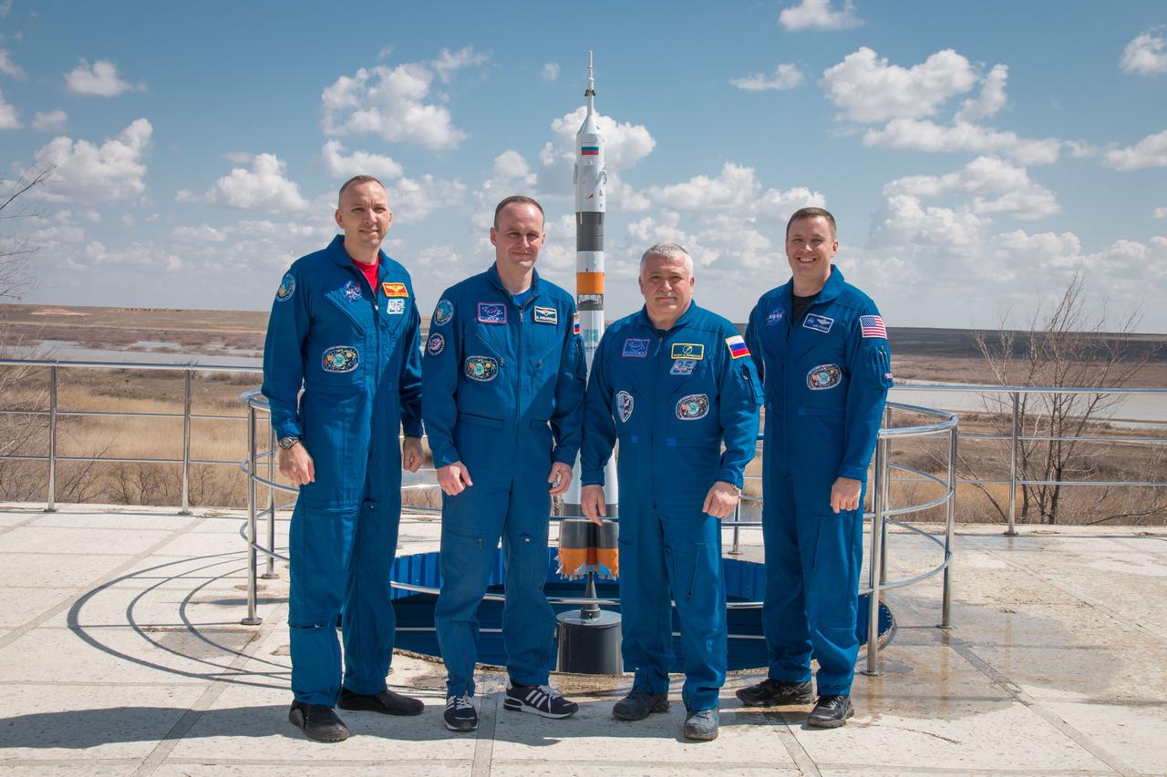 jsc2017e043080 (April 13, 2017) --- At the Cosmonaut Hotel crew quarters in Baikonur, Kazakhstan, the Expedition 51 prime and backup crewmembers pose for pictures April 13 as part of traditional pre-launch activities. From left to right are backup crewmembers Randy Bresnik of NASA and Sergey Ryazanskiy of the Russian Federal Space Agency (Roscosmos) and prime crewmembers Fyodor Yurchikhin of Roscosmos and Jack Fischer of NASA. Fischer and Yurchikhin will liftoff April 20 from the Baikonur Cosmodrome on the Soyuz MS-04 spacecraft for a four and a half month mission on the International Space Station. NASA/Victor Zelentsov