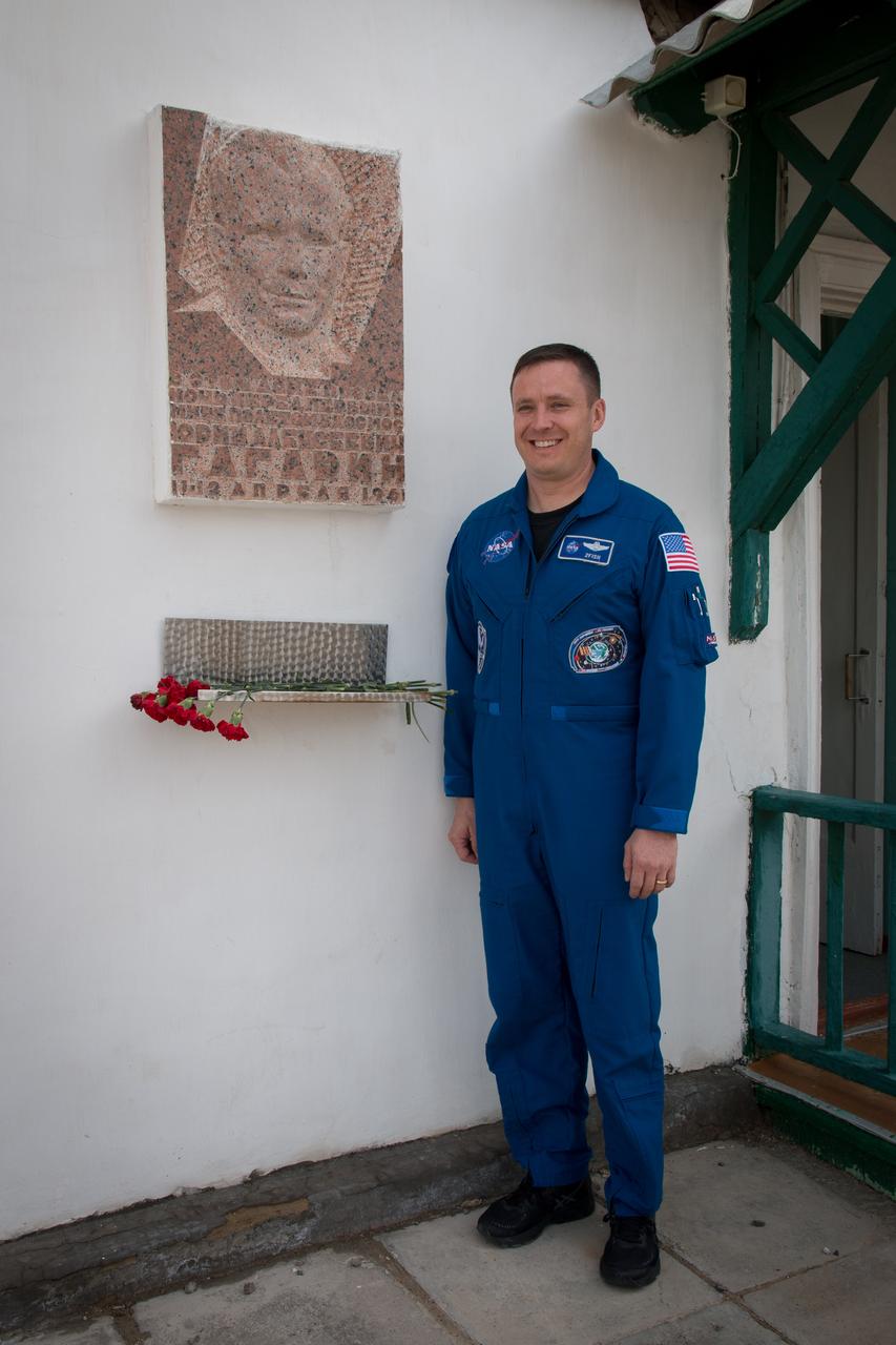 jsc2017e043855 (April 14, 2017) --- At the Baikonur Cosmodrome in Kazakhstan, Expedition 51 crewmember Jack Fischer of NASA poses for pictures April 14 in front of the cottage where Yuri Gagarin slept on the eve of his historic launch on April 12, 1961 to become the first human to fly in space. Fischer and Fyodor Yurchikhin of the Russian Federal Space Agency (Roscosmos) will launch April 20 on the Soyuz MS-04 spacecraft for a four and a half month mission on the International Space Station. Credit: NASA/Victor Zelentsov