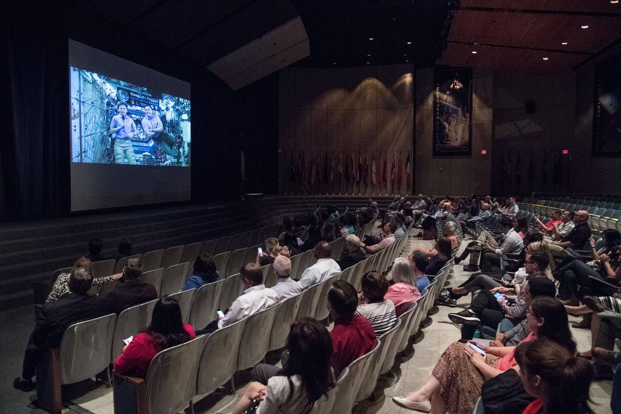 jsc2017e049148 (April 24, 2017) --- Johnson Space Center employees and Center Director watch President Donald Trump call Peggy Whitson on space station for her record-breaking stay aboard the International Space Station. (Photo Credit: NASA/Allison Bills)