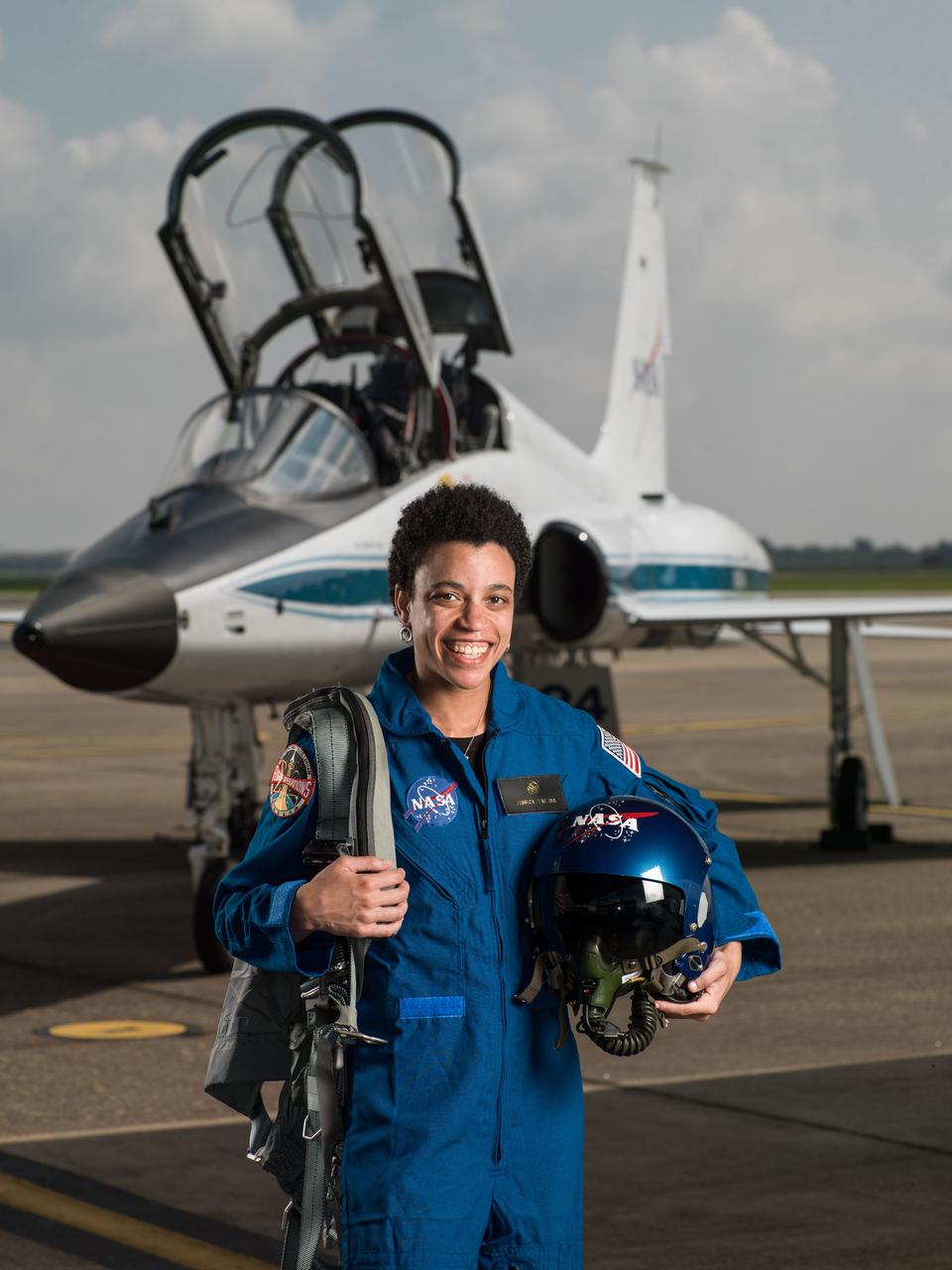 jsc2017e067121 (June 6, 2017) --- NASA portrait of 2017 Astronaut Candidate Jessica Watkins in front of a T-38 trainer aircraft at Ellington Field near NASA’s Johnson Space Center in Houston, Texas.