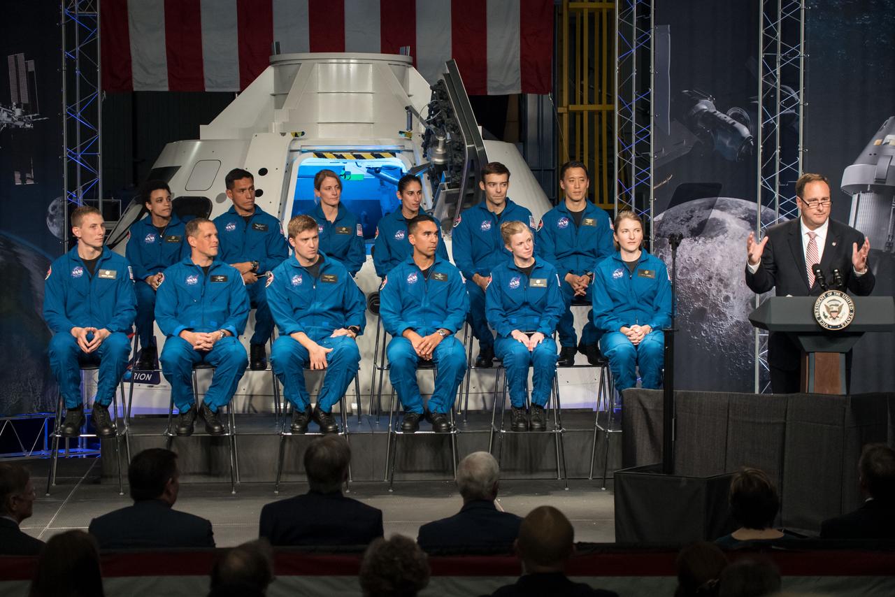 jsc2017e067161 06/07/2017) --- Robert Lightfoot, NASA's Acting Administrator, delivers remarks during an event where 12 new NASA astronaut candidates were introduced; Kayla Barron, Zena Cardman, Raja Chari, Matthew Dominick, Robert Hines, Warren Hoburg, Jonathan Kim, Robb Kulin, Jasmin Moghbeli, Loral O’Hara, Francisco Rubio and Jessica Watkins at NASA’s Johnson Space Center in Houston, Texas. After completing two years of training, the new astronaut candidates could be assigned to missions performing research on the International Space Station, launching from American soil on spacecraft built by commercial companies, and launching on deep space missions on NASA’s new Orion spacecraft and Space Launch System rocket. Photo Credit: (NASA/James Blair)