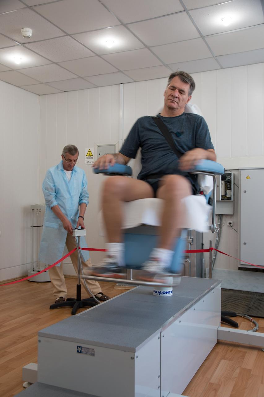 jsc2017e101945 (July 22, 2017) --- At the Cosmonaut Hotel crew quarters in Baikonur, Kazakhstan, Expedition 52-53 crewmember Paolo Nespoli of the European Space Agency tests his vestibular system in a spinning chair July 22 as part of pre-launch activities. Nespoli, Randy Bresnik of NASA and Sergey Ryazanskiy of the Russian Federal Space Agency (Roscosmos) will launch July 28 on the Soyuz MS-05 spacecraft from the Baikonur Cosmodrome for a five-month mission on the International Space Station. Credit: NASA/Victor Zelentsov