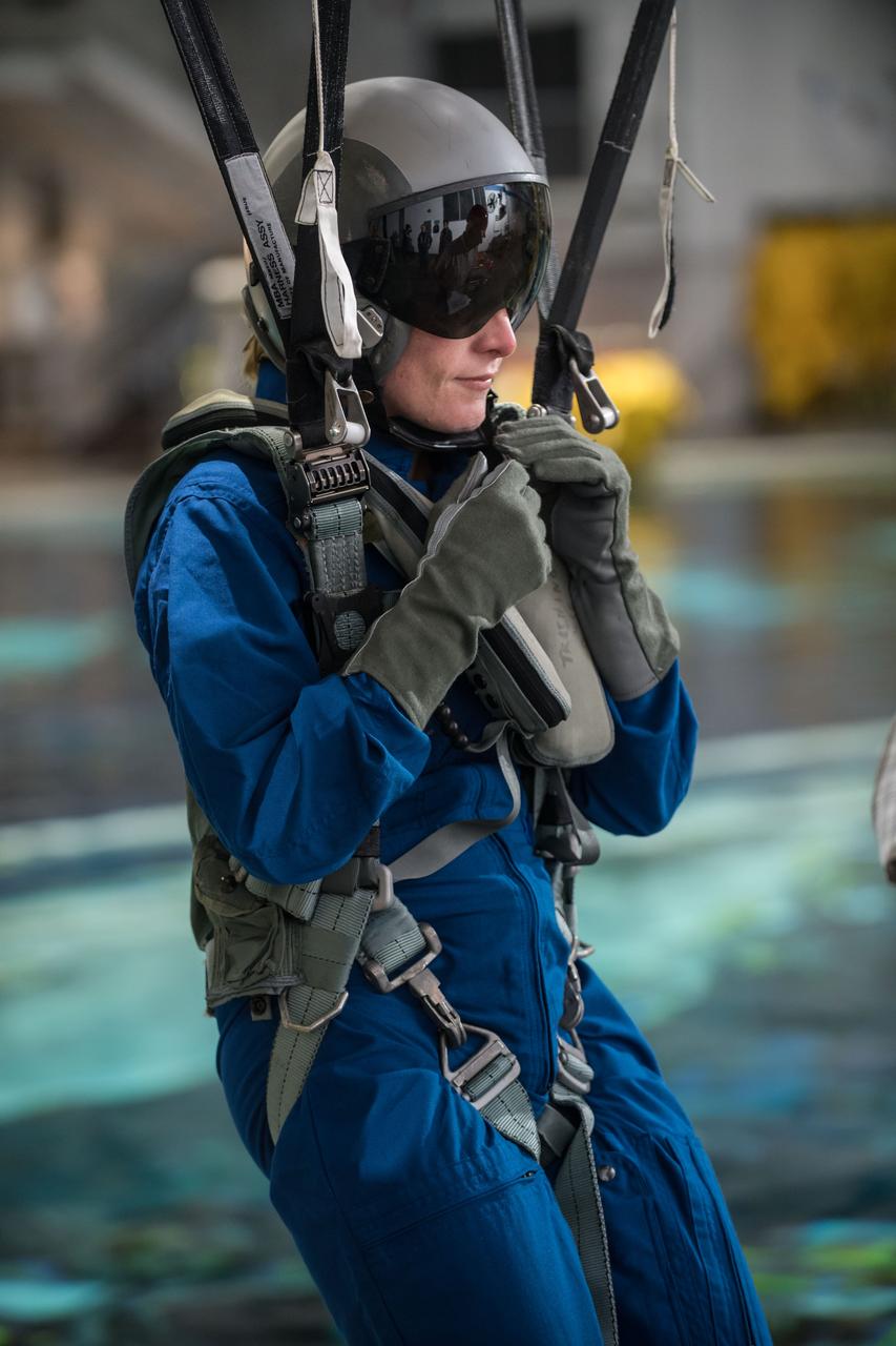 jsc2017e111750 (08-23-2017) --- 2017 NASA astronaut candidate Kayla Barron awaits next steps by instructors during water survival training at NASA Johnson Space Center’s Neutral Buoyancy Laboratory in Houston. Photo Credit: (NASA/David DeHoyos)