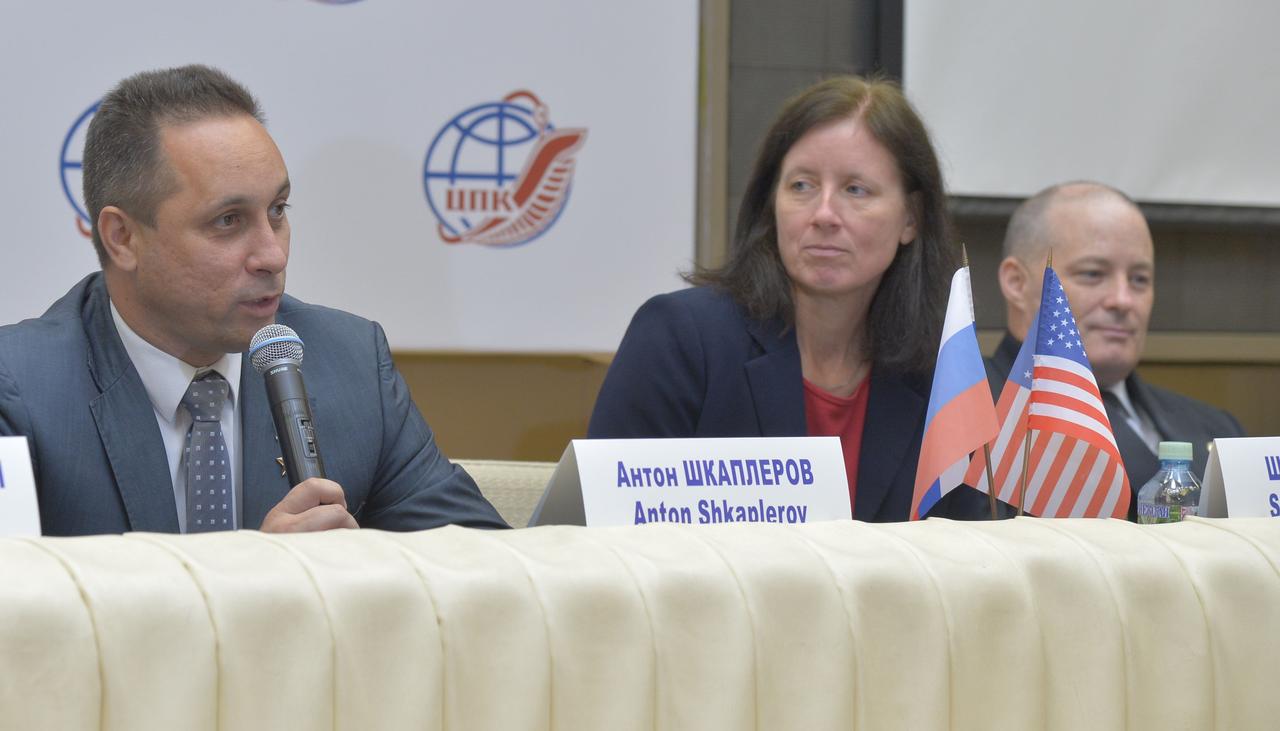 jsc2017e114479 (Sept. 1, 2017) --- At the Gagarin Cosmonaut Training Center in Star City, Russia, Expedition 53-54 backup crewmember Anton Shkaplerov of Roscosmos (left) answers a reporter’s question during a news conference Sept. 1 while backup crewmates Shannon Walker (center) and Scott Tingle (right of NASA look on. They are serving as backups to the prime crew, Mark Vande Hei and Joe Acaba of NASA and Alexander Misurkin of Roscosmos, who will launch Sept. 13 on the Soyuz MS-06 spacecraft from the Baikonur Cosmodrome in Kazakhstan on a five and a half month mission aboard the International Space Station. Credit: NASA/Elizabeth Weissinger