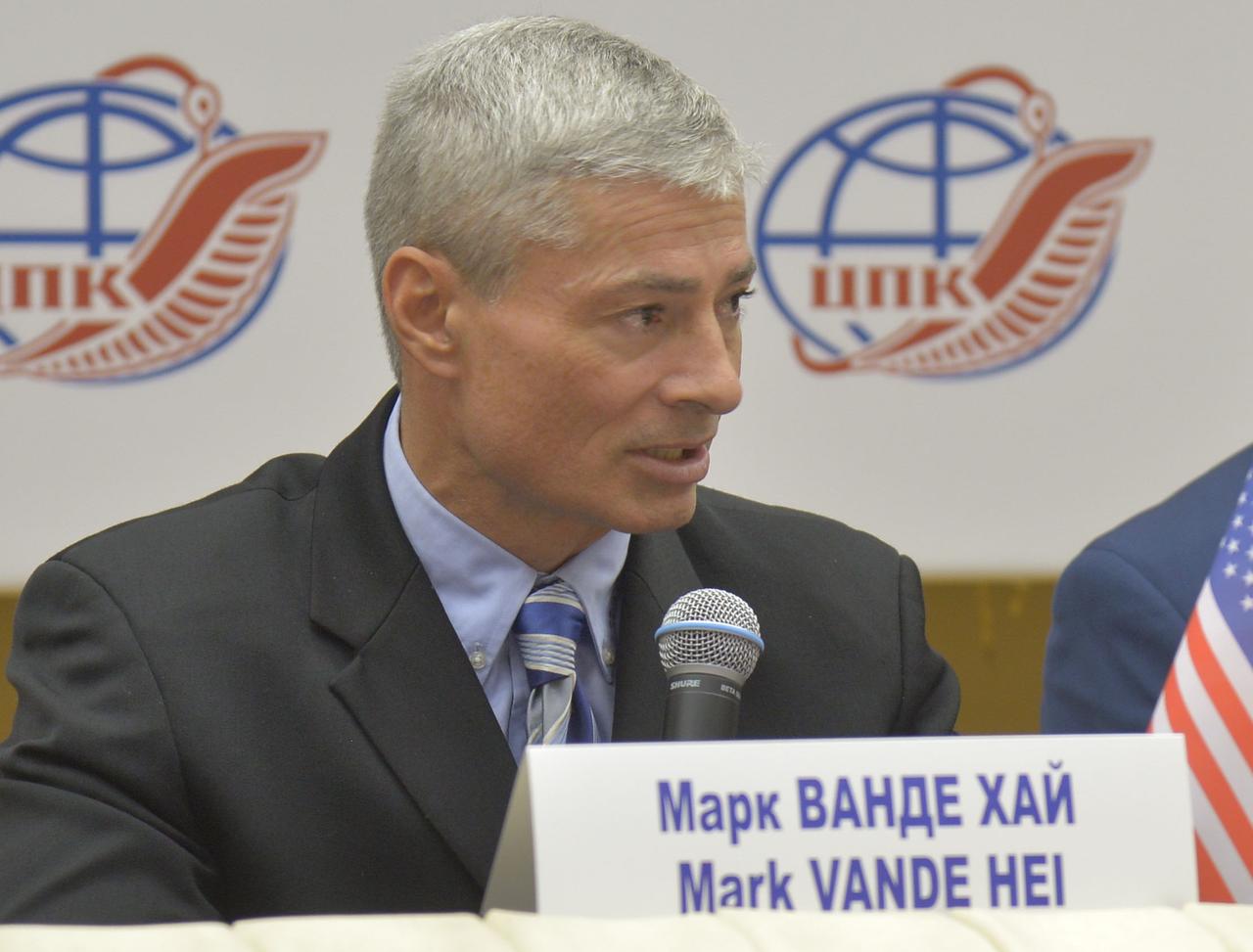jsc2017e114480 (Sept. 1, 2017) --- At the Gagarin Cosmonaut Training Center in Star City, Russia, Expedition 53-54 crewmember Mark Vande Hei of NASA answers a reporter’s question during a news conference Sept. 1. Vande Hei, Joe Acaba of NASA and Alexander Misurkin of Roscosmos will launch Sept. 13 on the Soyuz MS-06 spacecraft from the Baikonur Cosmodrome in Kazakhstan on a five and a half month mission aboard the International Space Station. Credit: NASA/Elizabeth Weissinger