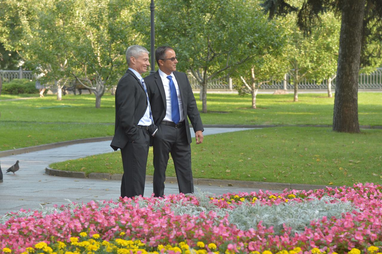 jsc2017e114487 (Sept. 1, 2017) --- Expedition 53-54 crewmembers Mark Vande Hei (left) and Joe Acaba (right) of NASA take a moment to relish the view Sept. 1 as they toured the Kremlin in Moscow as part of traditional pre-launch ceremonies. Vande Hei, Acaba and Alexander Misurkin of Roscosmos will launch Sept. 13 from the Baikonur Cosmodrome in Kazakhstan Sept. 13 on the Soyuz MS-06 spacecraft for a five and a half month mission on the International Space Station. Credit: NASA/Elizabeth Weissinger