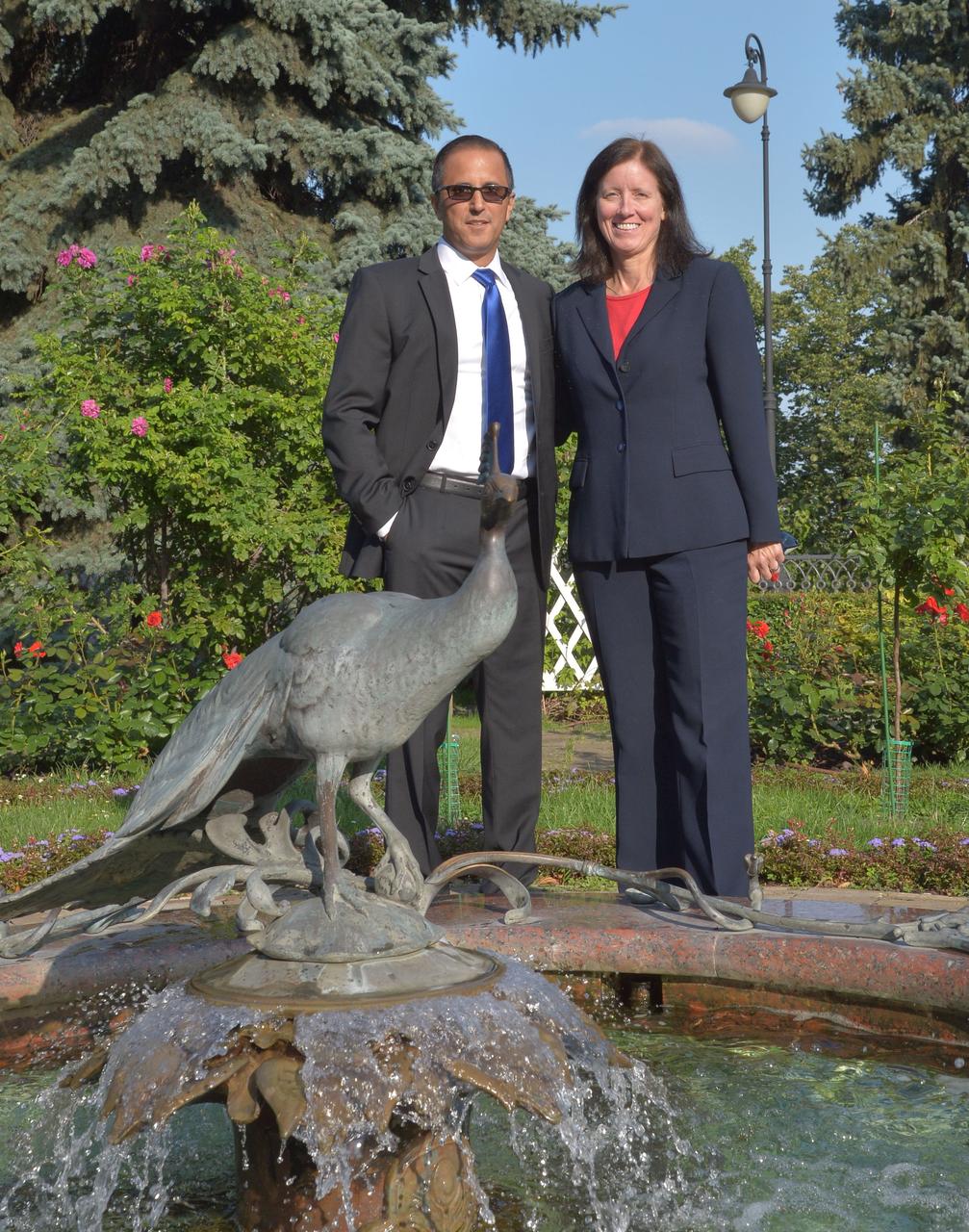 jsc2017e114492 (Sept. 1, 2017) --- NASA astronauts Joe Acaba (left) and Shannon Walker pose for pictures by a statue of a peacock at the Kremlin in Moscow Sept. 1. The statue had special significance for them since they are members of the Astronaut Class of 2004 that bears the nickname “The Peacocks”. Acaba, Alexander Misurkin of Roscosmos and Mark Vande Hei of NASA will launch Sept. 13 from the Baikonur Cosmodrome in Kazakhstan Sept. 13 on the Soyuz MS-06 spacecraft for a five and a half month mission on the International Space Station. Credit: NASA/Elizabeth Weissinger