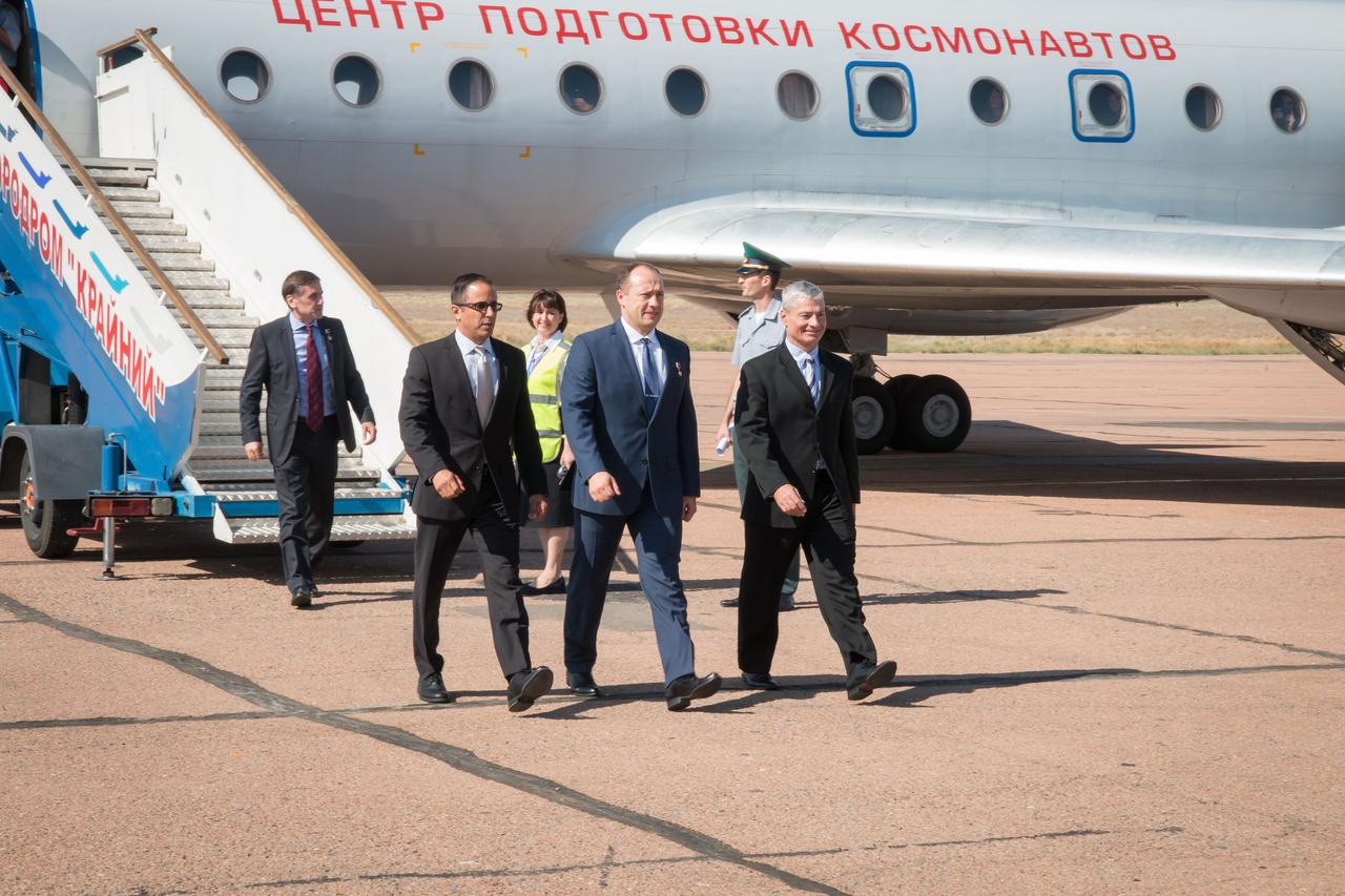 jsc2017e114749 (Sept. 6, 2017) --- Expedition 53-54 crewmembers Joe Acaba of NASA (left), Alexander Misurkin of Roscosmos (center) and Mark Vande Hei of NASA (right) arrive at their launch site at the Baikonur Cosmodrome in Kazakhstan Sept. 6 after a flight from their training base in Star City, Russia for final pre-launch training. They will launch Sept. 13 on the Soyuz MS-06 spacecraft from the Baikonur Cosmodrome for a five and a half month mission on the International Space Station. Credit: NASA/Victor Zelentsov