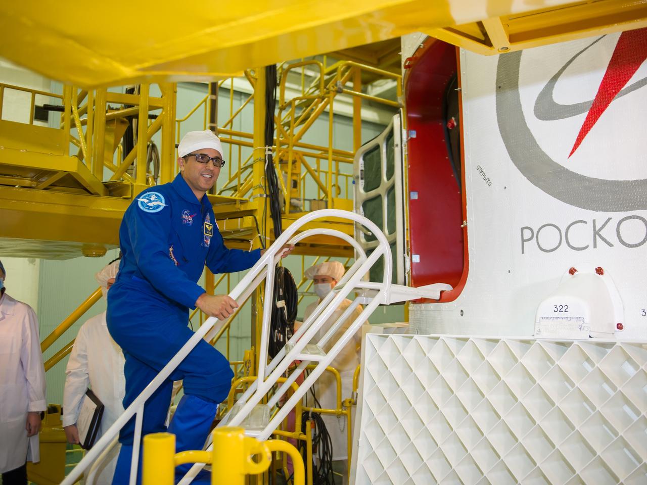 jsc2017e115141 (Sept. 7, 2017) --- At the Baikonur Cosmodrome in Kazakhstan, Expedition 53-54 crewmember Joe Acaba of NASA boards the Soyuz MS-06 spacecraft Sept. 7 during final fit check training activities. Acaba, Mark Vande Hei of NASA and Alexander Misurkin of Roscosmos will launch Sept. 13 on the Soyuz MS-06 spacecraft for a five and a half month mission on the International Space Station. Credit: Gagarin Cosmonaut Training Center/Irina Peshkova