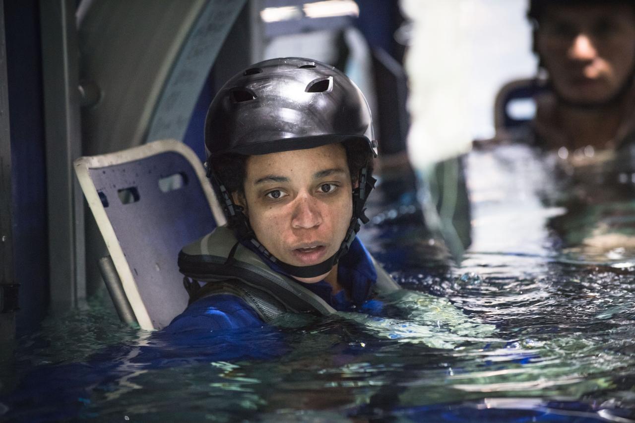 jsc2017e118973 (September 21, 2017) --- 2017 NASA astronaut candidate Jessica Watkins readies for helicopter water survival training at NASA Johnson Space Center’s Neutral Buoyancy Laboratory in Houston. Photo Credit: (NASA/Josh Valcarcel)