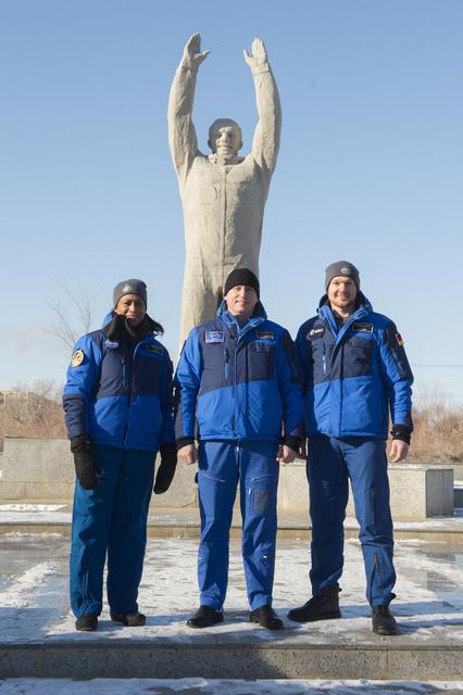 NASA image: jsc2017e136938 - In the town of Baikonur, Kazakhstan, Expedition 54-55 backup crewmembers Jeanette Epps of NASA (left), Sergey Prokopyev of the Russian Federal Space Agency (Roscosmos, center) and Alexander Gerst of the European Space Agency (right) pose f