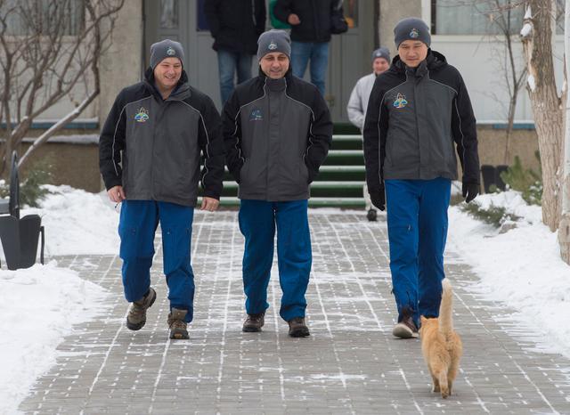 jsc2017e137336 - At their Cosmonaut Hotel crew quarters in Baikonur, Kazakhstan, Expedition 54-55 prime crewmembers Scott Tingle of NASA (left), Anton Shkaplerov of the Russian Federal Space Agency (Roscosmos, center) and Norishige Kanai of the Japan Aerospace Exploration Agency (JAXA, right) are greeted by a kitty cat Dec. 11 as they take a stroll around the grounds of the complex. Minus the kitty cat, they will launch Dec. 17 on the Soyuz MS-07 spacecraft from the Baikonur Cosmodrome for a five month mission on the International Space Station...Andrey Shelepin / Gagarin Cosmonaut Training Center.