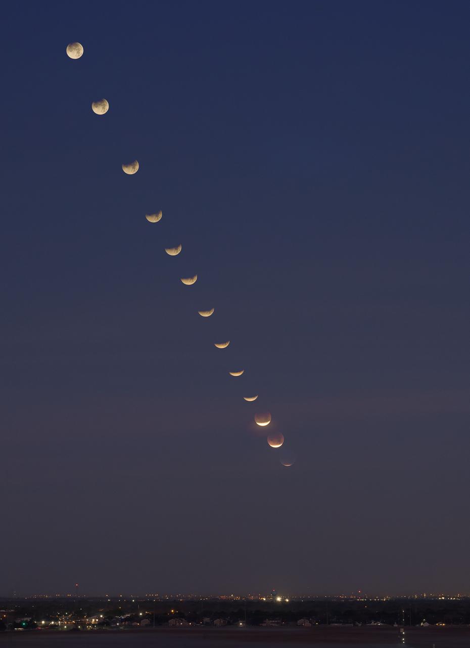 jsc2018e003235 (Jan. 31, 2018) --- Composite photograph created from 13 images of the lunar eclipse through its phases as viewed from the 9th floor of NASA Johnson Space Center’s Building 1.