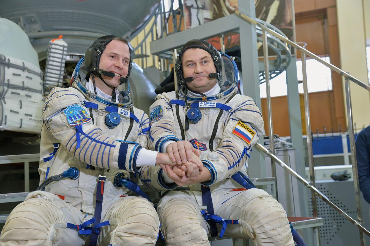 At the Gagarin Cosmonaut Training Center in Star City, Russia, Expedition 55 backup crewmembers Nick Hague of NASA (left) and Alexey Ovchinin of Roscosmos (right) pose for pictures during a day of qualification exams Feb. 20. They are serving as backups to the prime crew, Oleg Artemyev of Roscosmos and Ricky Arnold and Drew Feustel of NASA, who will launch March 21 on the Soyuz MS-08 spacecraft from the Baikonur Cosmodrome in Kazakhstan for a five month mission on the International Space Station.  NASA/Elizabeth Weissinger