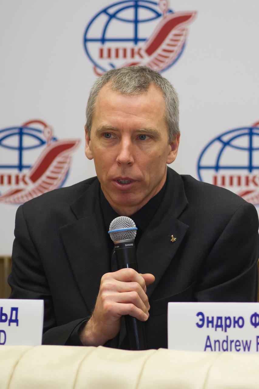 jsc2018e008060 - At the Gagarin Cosmonaut Training Center in Star City, Russia, Expedition 55 crewmember Drew Feustel of NASA answers a reporter’s question during a crew news conference Feb. 22. Feustel, Ricky Arnold of NASA and Oleg Artemyev of Roscosmos will launch March 21 on the Soyuz MS-08 spacecraft from the Baikonur Cosmodrome in Kazakhstan for a five-month mission on the International Space Station...Gagarin Cosmonaut Training Center/Andrey Shelepin and Irina Spektor                         .