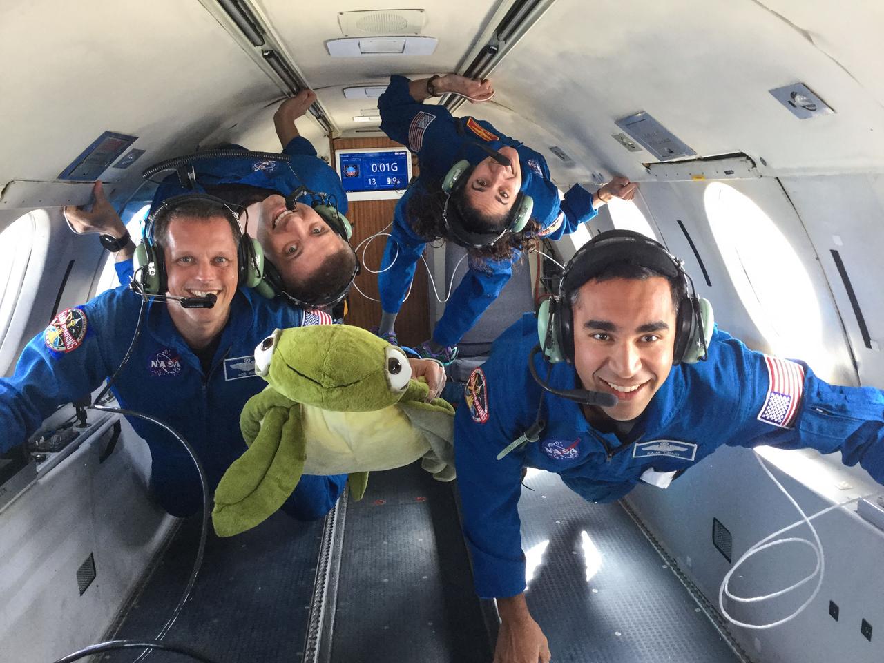 jsc2018e009198 (February 21, 2018) --- (From left) 2017 NASA astronaut candidates Bob Hines, Matthew Dominick, Jasmin Moghbeli, and Raja Chari take hold to their surroundings during their reduced gravity flight aboard Canadian Space Agency’s Dassault Falcon 20 Jet. Photo Credit: (NASA/Robert Markowitz)