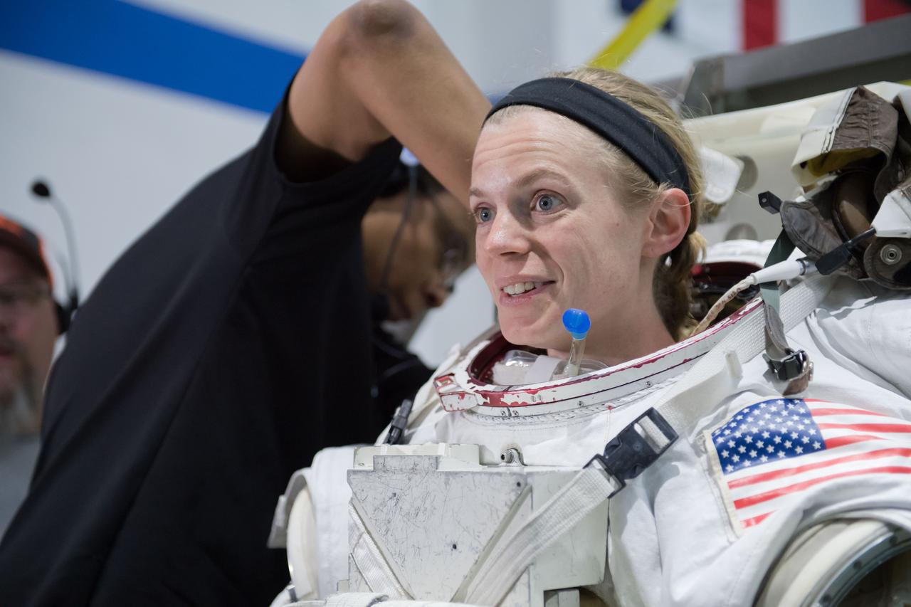 jsc2018e035762 (04-12-2018) --- NASA astronaut candidate Zena Cardman prepares for  underwater spacewalk training at NASA Johnson Space Center’s Neutral Buoyancy Laboratory. Photo Credit: (NASA/David DeHoyos)