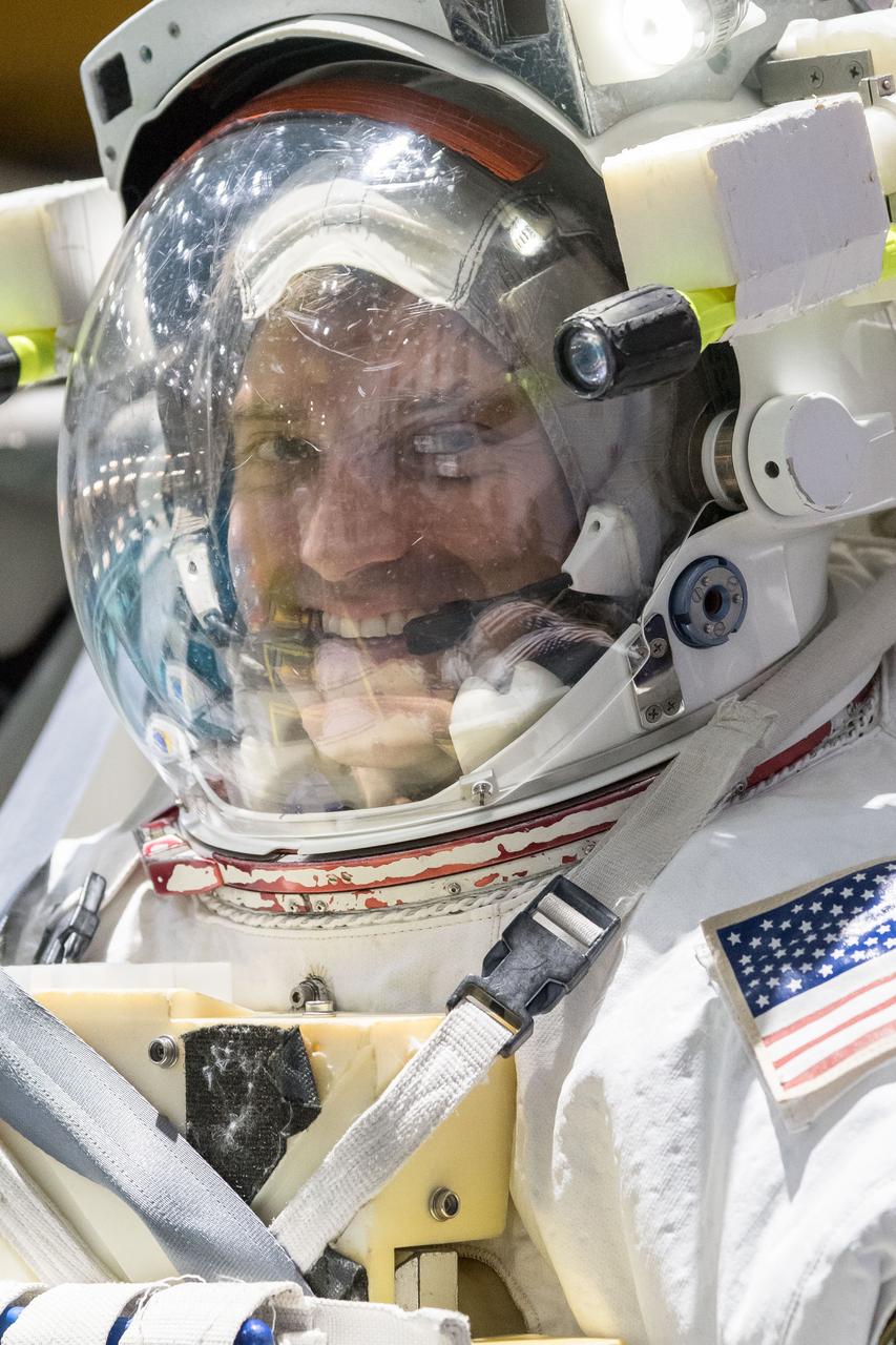 jsc2018e035917 (April 11, 2018) ---2017 NASA astronaut candidate Matthew Dominick wears a spacesuit prior to underwater spacewalk training at NASA Johnson Space Center’s Neutral Buoyancy Laboratory. Photo Credit: (NASA/Josh Valcarcel)