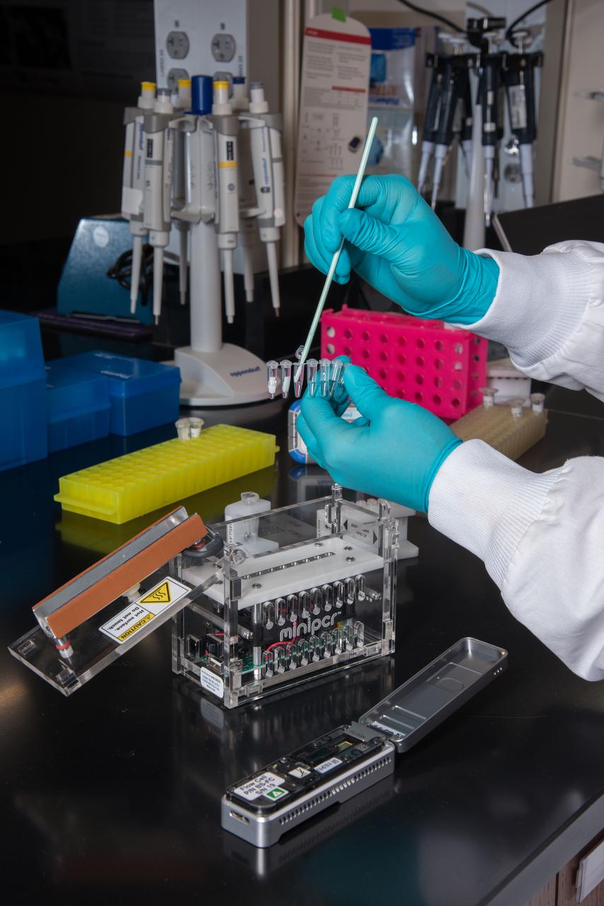 jsc2018e040453 (4/30/2018) --- A Researcher at NASA's Johnson Space Center perform DNA and RNA sequencing on microbes as part of the Biomolecule Extraction and Sequencing Technology (BEST) experiment. The same sequencing procedure is performed in orbit aboard the International Space Station (ISS) and the results are compared to those on the ground. This will provide better insight into the effects of the spaceflight environment on microbial life.