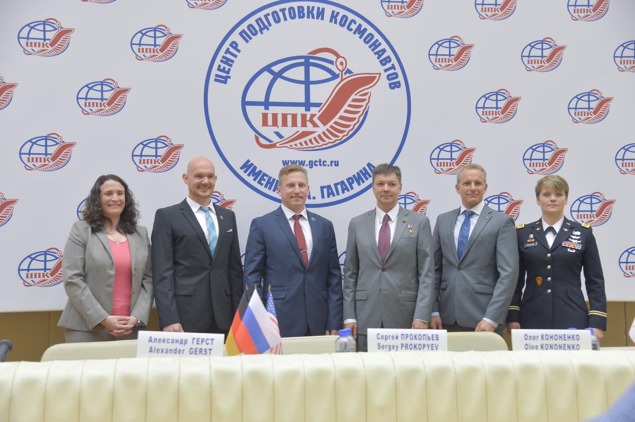 jsc2018e048496 - At the Gagarin Cosmonaut Training Center in Star City, Russia, the Expedition 56 prime and backup crewmembers pose for pictures May 14 following a crew news conference. From left to right are the prime crewmembers, Serena Aunon-Chancellor of NASA, Alexander Gerst of the European Space Agency and Sergey Prokopyev of Roscosmos and their backups, Oleg Kononenko of Roscosmos, David Saint-Jacques of the Canadian Space Agency and Anne McClain of NASA. Aunon-Chancellor, Prokopyev and Gerst will launch June 6 from the Baikonur Cosmodrome in Kazakhstan on the Soyuz MS-09 spacecraft for a six month mission on the International Space Station...NASA/Elizabeth Weissinger.