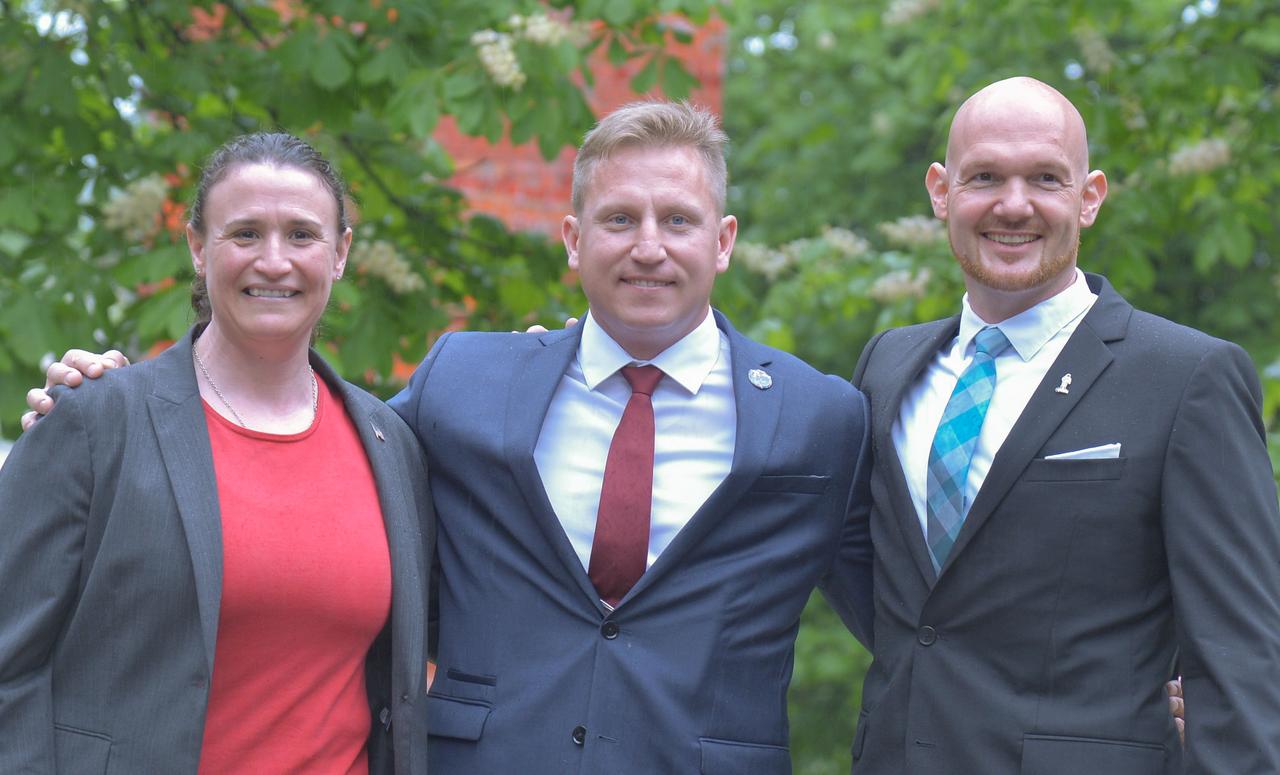 jsc2018e050026 - At the Gagarin Cosmonaut Training Center in Star City, Russia, Expedition 56 crewmembers Serena Aunon-Chancellor of NASA (left), Sergey Prokopyev of Roscosmos (center) and Alexander Gerst of the European Space Agency (right) pose for pictures May 19 before boarding a bus that took them to a nearby airfield for a flight to their launch site at the Baikonur Cosmodrome in Kazakhstan. They will launch June 6 on the Soyuz MS-09 spacecraft from Baikonur for a six-month mission on the International Space Station...NASA/Elizabeth Weissinger.