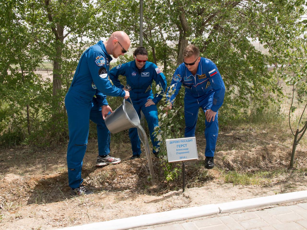 jsc2018e050833 - At the Cosmonaut Hotel crew quarters in Baikonur, Kazakhstan, Expedition 56 crewmember Alexander Gerst of the European Space Agency waters a tree May 29 first planted prior to his initial flight into space in 2014 as crewmates Serena Aunon-Chancellor of NASA (center) and Sergey Prokopyev of Roscosmos look on. They will launch June 6 from the Baikonur Cosmodrome in Kazakhstan on the Soyuz MS-09 spacecraft for a six-month mission on the International Space Station...NASA/Victor Zelentsov.