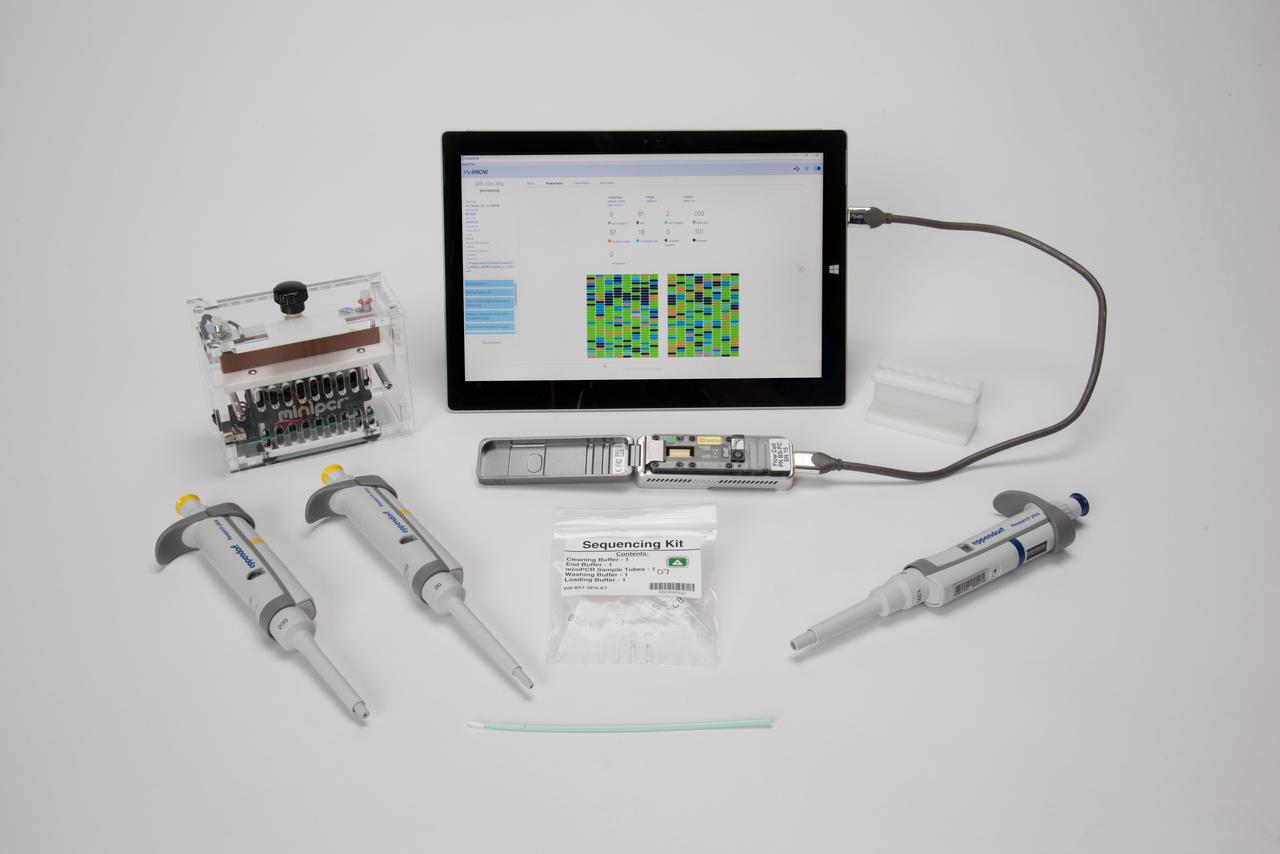 jsc2018e059572_alt (5/29/2018) --- The miniPCR platform, used for the amplification of nucleic acids, from the Genes in Space investigations combined with the MinION, nucleic acid sequencer, from the Biomolecule Sequencer experiment makes up the Biomolecule Extraction and Sequencing Technology (BEST) payload. With this hardware, including the pipettes, astronauts have demonstrated a complete sample-to-answer process for DNA and RNA sequencing on board the ISS.