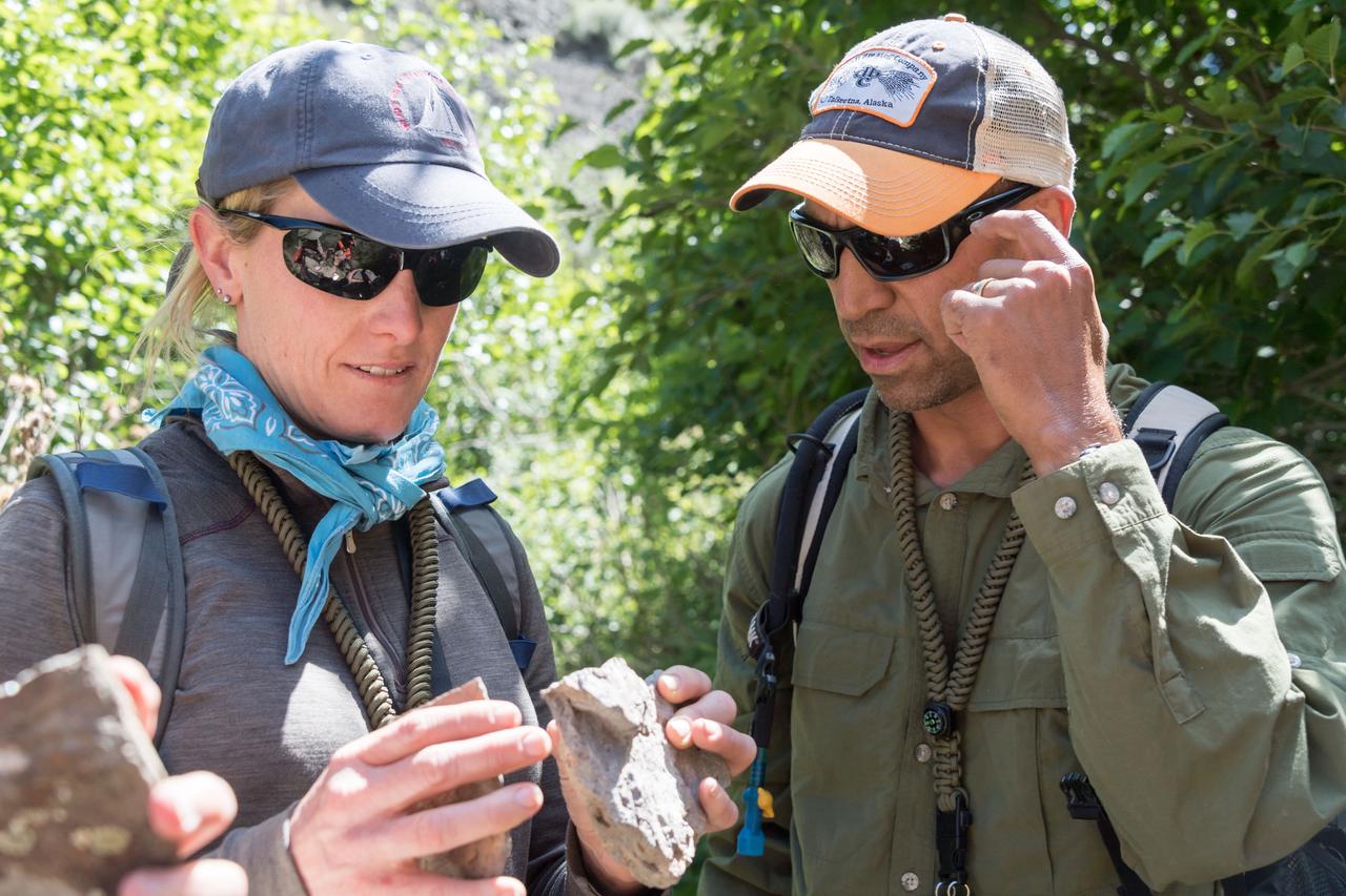 jsc2018e060248 (06/19/2018) --- 2017 NASA astronaut candidates Loral O’Hara (left) and Raja Chari (right) during earth and planetary science training in Rio Grande del Norte National Monument Upper Gorge Area near Questa, N.M. Photo Credit: (NASA/Norah Moran)