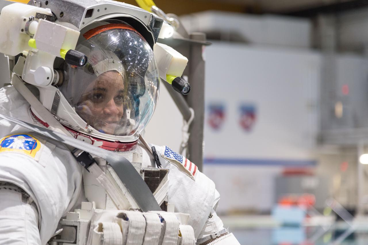 jsc2018e064837 (07/18/2018) --- 2017 NASA astronaut candidate Jessica Watkins in a spacesuit prior to underwater spacewalk training at NASA Johnson Space Center’s Neutral Buoyancy Laboratory in Houston. Photo Credit: (NASA/Norah Moran)
