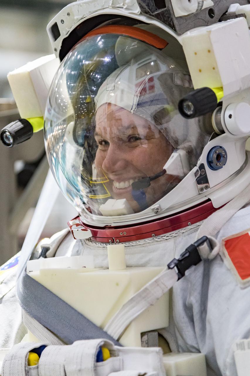 jsc2018e065033 (July 19, 2018) --- Canadian Space Agency astronaut candidate Jennifer Sidey-Gibbons is in a spacesuit prior to underwater spacewalk training at NASA Johnson Space Center’s Neutral Buoyancy Laboratory in Houston.  Photo Credit: (NASA/Josh Valcarcel)