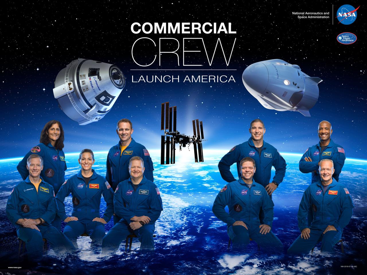 jsc2018e067825 (Aug. 2, 2018) --- The Commercial Crew Launch America poster highlights the astronauts assigned to the first test flights of American-made, commercial spacecraft to and from the International Space Station. The team of five astronauts on the left is assigned to Boeing's CST-100 Starliner Commercial Crew vehicle and consists of (front row from left) Chris Ferguson, Nicole Mann and Eric Boe. In the back row (from left) are Suni Williams and Josh Cassada. The team of four astronauts on the right is assigned to SpaceX's Dragon Commercial Crew vehicle and consists of (front row from left) Bob Behnken and Doug Hurley. In the back row (from left) are Mike Hopkins and Victor Glover.