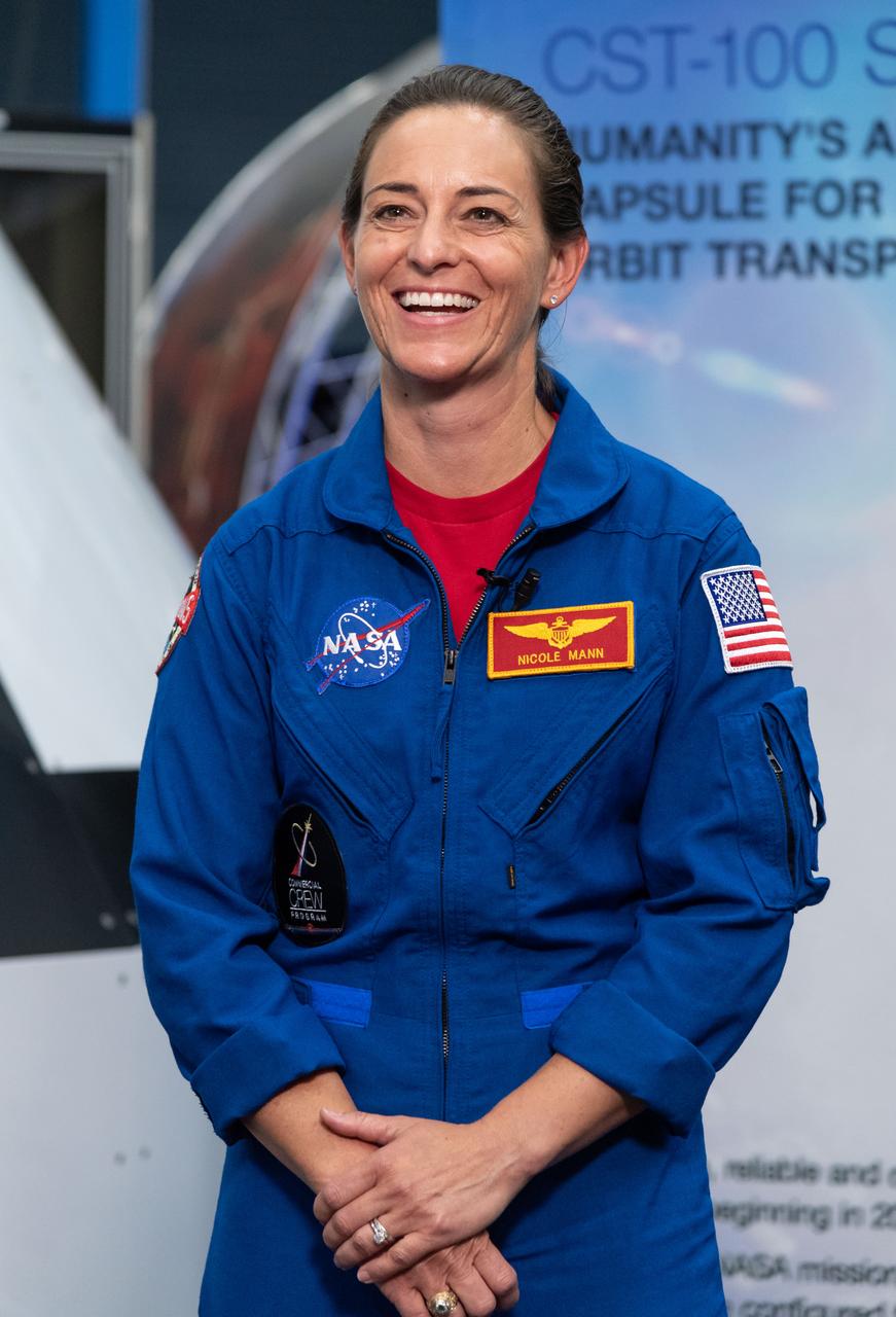 NASA astronaut Nicole Mann is seen during a NASA event where it was announced that she, NASA astronaut Eric Boe, and Boeing astronaut Chris Ferguson are assigned to the Boeing CST-100 Starliner Crew Test Flight to the International Space Station, Friday, Aug. 3, 2018 at NASA’s Johnson Space Center in Houston, Texas. Astronauts assigned to crew the first flight tests and missions of the Boeing CST- 100 Starliner and SpaceX Crew Dragon were announced during the event.