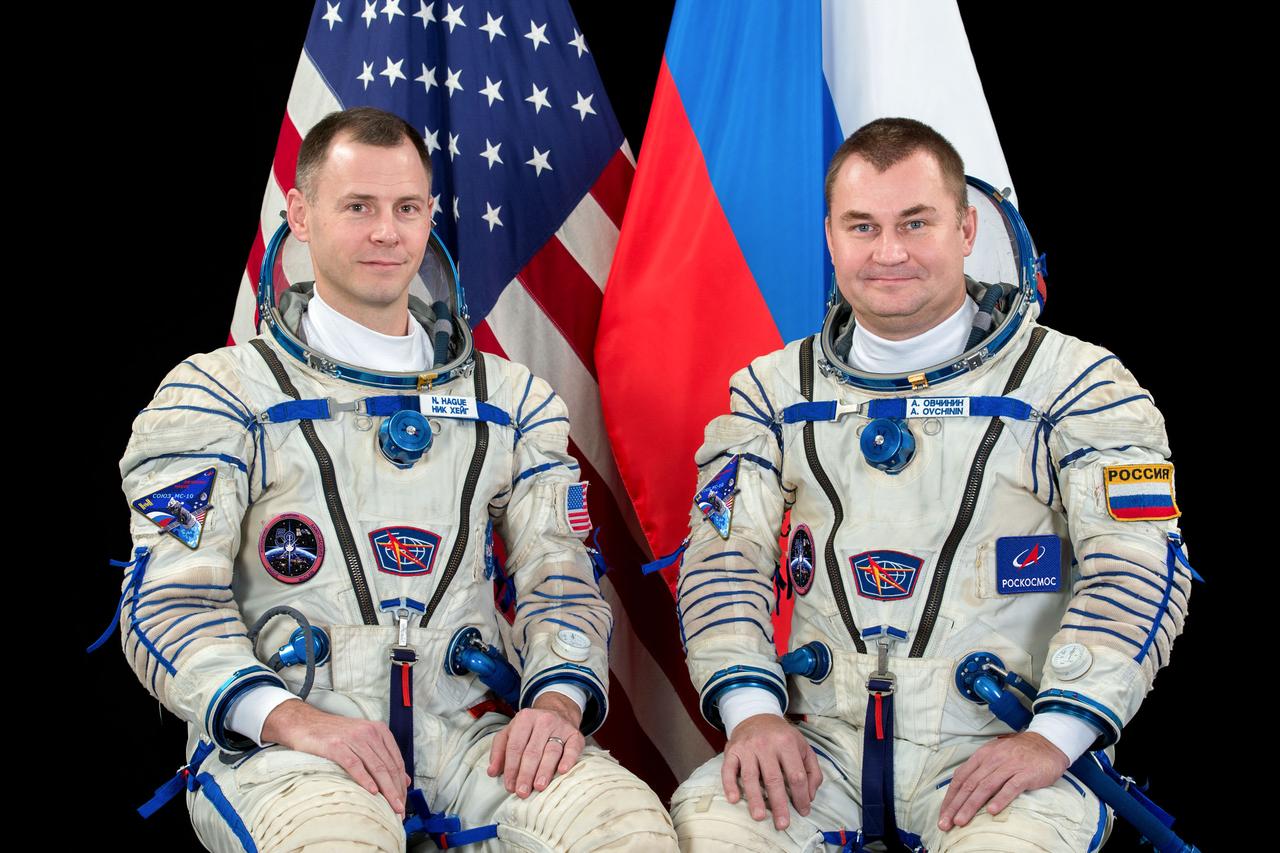 jsc2018e078861 (Nov. 16, 2017) --- Expedition 57-58 crew members (from left) Nick Hague of NASA and Alexey Ovchinin of Roscosmos are pictured in Sokol launch and entry suits at the Gagarin Cosmonaut Training Center.