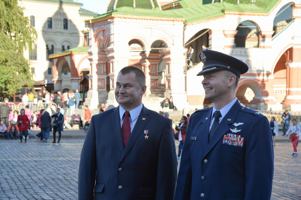 At Red Square in Moscow, Expedition 57 crewmembers Alexey Ovchinin of Roscosmos (left) and Nick Hague of NASA (right) pose for pictures Sept. 17 as part of traditional prelaunch activities. Hague and Ovchinin will launch Oct. 11 from the Baikonur Cosmodrome in Kazakhstan on the Soyuz MS-10 spacecraft for a six-month mission on the International Space Station...NASA/Elizabeth Weissinger.