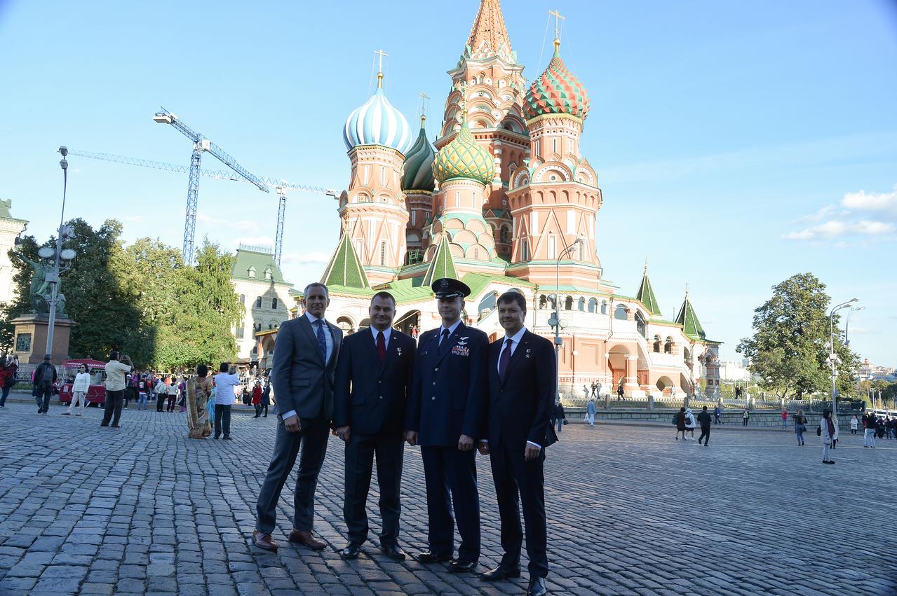 With St. Basil’s Cathedral in Red Square in Moscow serving as a backdrop, the Expedition 57 prime and backup crewmembers pose for pictures Sept. 17 as part of prelaunch activities. From left to right are backup crewmember David Saint-Jacques of the Canadian Space Agency, prime crewmembers Alexey Ovchinin of Roscosmos and Nick Hague of NASA and backup crewmember Oleg Kononenko of Roscosmos. Hague and Ovchinin will launch Oct. 11 from the Baikonur Cosmodrome in Kazakhstan on the Soyuz MS-10 spacecraft for a six-month mission on the International Space Station...NASA/Sarah Volkman.