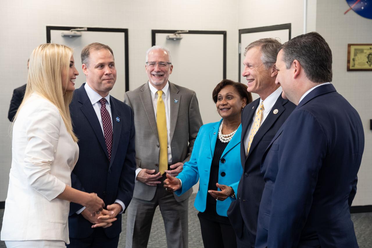 jsc2018e083384 – (Sept. 20, 2018) – Ivanka Trump visits NASA’s Johnson Space Center. Pictured from left are Advisor to the President Ivanka Trump, NASA Administrator Jim Bridenstine, Johnson Space Center Director Mark Geyer, Johnson Space Center Deputy Director Vanessa Wyche, U.S. Representative Brian Babin and U.S. Senator Ted Cruz.