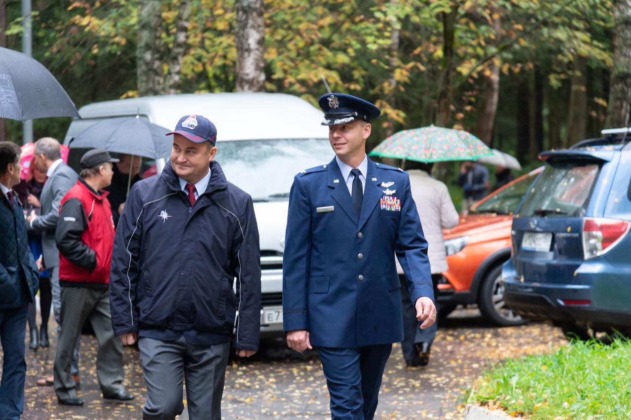 At the Gagarin Cosmonaut Training Center in Star City, Russia, Expedition 57 crewmember Nick Hague of NASA (right) chats with crewmate Alexey Ovchinin of Roscosmos Sept. 25 as they walk to a bus that will take them to a nearby airfield for a flight to their launch site in Baikonur, Kazakhstan for final pre-launch training. Hague and Ovchinin will launch Oct. 11 from the Baikonur Cosmodrome in Kazakhstan on the Soyuz MS-10 spacecraft for a six-month mission on the International Space Station...NASA/Elizabeth Weissinger.
