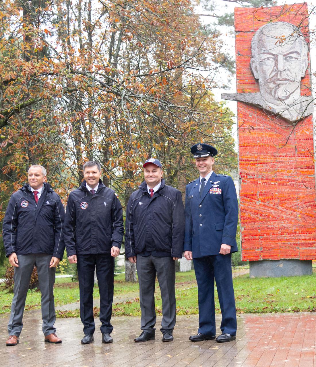 At the Gagarin Cosmonaut Training Center in Star City, Russia, the Expedition 57 prime and backup crewmembers pose for pictures in front of the statue of Vladimir Lenin Sept. 25 before departing for their launch site in Baikonur, Kazakhstan for final pre-launch training. From left to right are backup crewmembers David Saint-Jacques of the Canadian Space Agency and Oleg Kononenko of Roscosmos and the prime crewmembers, Alexey Ovchinin of Roscosmos and Nick Hague of NASA, who will launch Oct. 11 from the Baikonur Cosmodrome in Kazakhstan on the Soyuz MS-10 spacecraft for a six-month mission on the International Space Station...NASA/Elizabeth Weissinger.