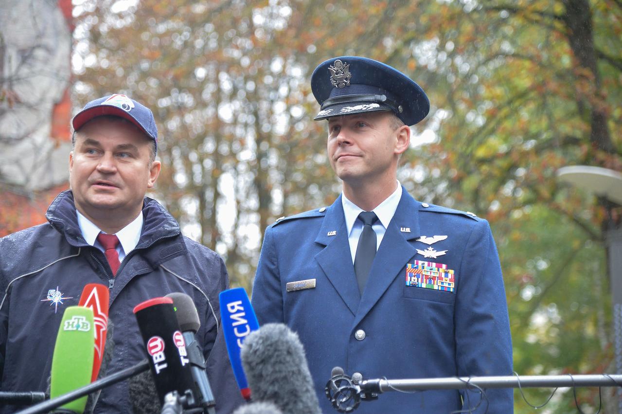 At the Gagarin Cosmonaut Training Center in Star City, Russia, Expedition 57 crewmembers Alexey Ovchinin of Roscosmos (left) and Nick Hague of NASA (right) answer reporters’ questions Sept. 25 before departing for their launch site in Baikonur, Kazakhstan for final pre-launch training. Hague and Ovchinin will launch Oct. 11 from the Baikonur Cosmodrome in Kazakhstan on the Soyuz MS-10 spacecraft for a six-month mission on the International Space Station...NASA/Sarah Volkman.