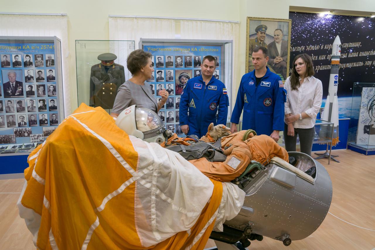 At the Baikonur Cosmodrome Museum in Kazakhstan, Expedition 57 crewmembers Alexey Ovchinin of Roscosmos (left) and Nick Hague of NASA (right) view a mockup of a Soyuz spacecraft seat Oct. 6 as part of a traditional pre-launch tour. Hague and Ovchinin will launch Oct. 11 from the Baikonur Cosmodrome on the Soyuz MS-10 spacecraft for a six-month mission on the International Space Station...NASA/Victor Zelentsov.