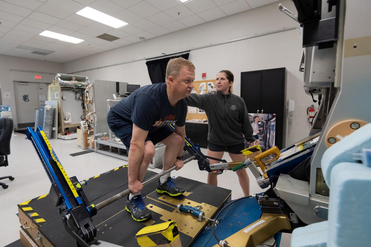 NASA commercial crew astronaut Eric Boe performs physical training on the Advanced Resistive Exercise Device (ARED) at the agency’s Johnson Space Center in Houston. Boe is assigned to the Boeing Starliner’s first crewed flight.