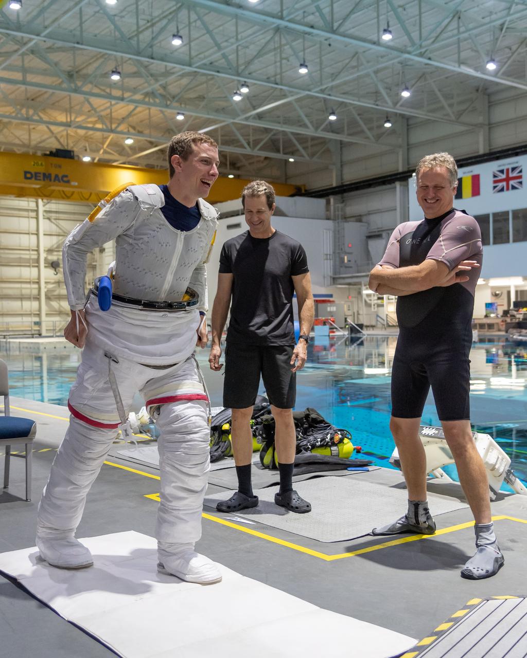 jsc2018e094713 (November 05, 2018) --- 2017 NASA astronaut candidate Warren Hoburg wears a Liquid Cooling and Ventilation Garment and dons a spacesuit prior to underwater spacewalk training at NASA Johnson Space Center’s Neutral Buoyancy Laboratory in Houston. The cooling garment distributes water throughout to help keep him cool while training underwater in the spacesuit. Photo Credit: (NASA/Josh Valcarcel)