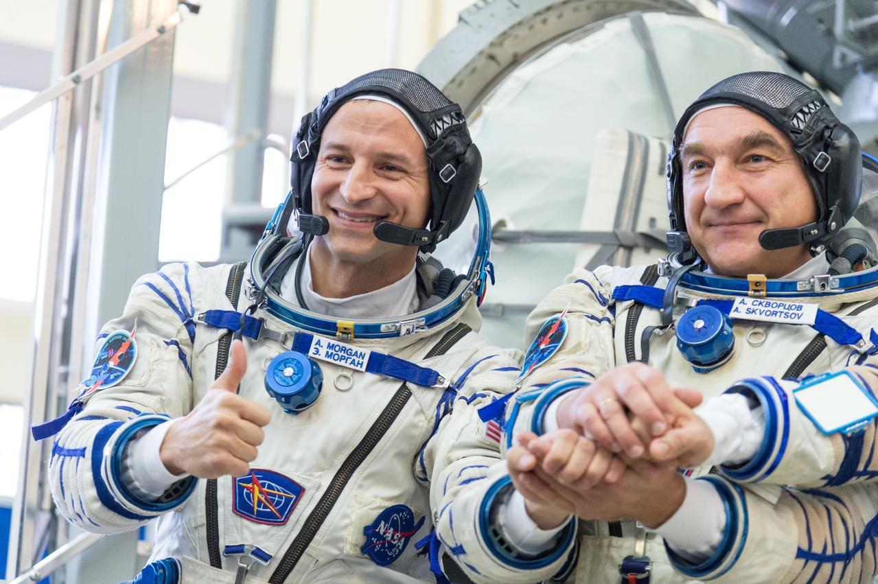 jsc2018e094961 - At the Gagarin Cosmonaut Training Center in Star City, Russia, Expedition 58 backup crewmembers Drew Morgan of NASA (left), Alexander Skvortsov of Roscosmos (right) pose for pictures Nov. 13 during qualification exam training. Along with Luca Parmitano of the European Space Agency (not pictured), they are the backups to the prime crew, Oleg Kononenko of Roscosmos, Anne McClain of NASA and David Saint-Jacques of the Canadian Space Agency, who will launch Dec. 3 on the Soyuz MS-11 spacecraft from the Baikonur Cosmodrome in Kazakhstan for a six-and-a-half month mission on the International Space Station...NASA/Sarah Volkman.