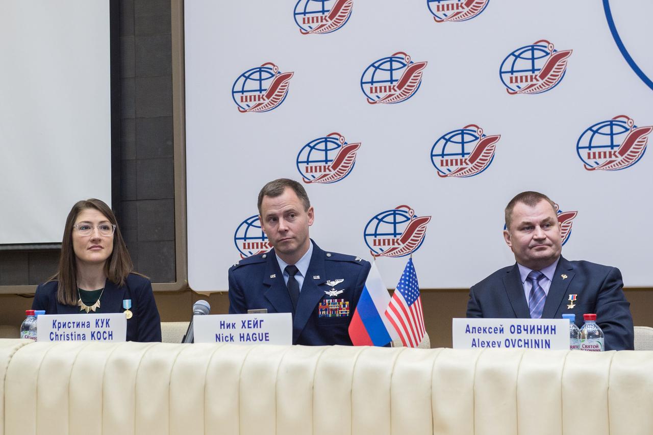 At the Gagarin Cosmonaut Training Center in Star City, Russia, Expedition 59 crewmembers Christina Koch of NASA (left), Nick Hague of NASA (center) and Alexey Ovchinin of Roscosmos (right) listen to reportersâ€™ questions Feb. 21 during a pre-launch news conference. They will launch March 14, U.S. time, on the Soyuz MS-12 spacecraft from the Baikonur Cosmodrome in Kazakhstan for a six-and-a-half month mission on the International Space Station.  Andrey Shelepin/Gagarin Cosmonaut Training Center  