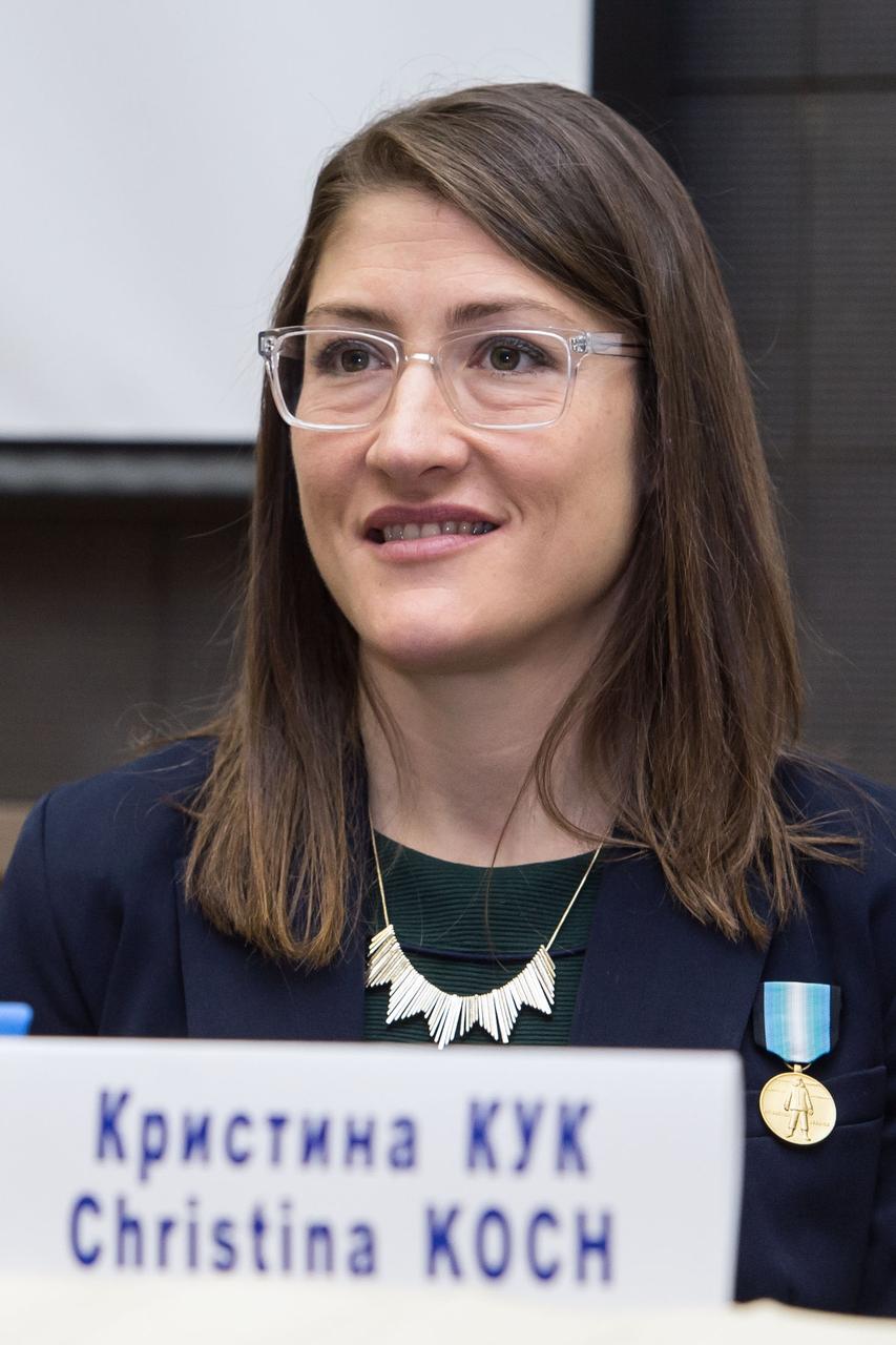 At the Gagarin Cosmonaut Training Center in Star City, Russia, Expedition 59 crewmember Christina Koch of NASA listens to a reporterâ€™s question Feb. 21 during a pre-launch news conference. Koch, Nick Hague of NASA and Alexey Ovchinin of Roscosmos will launch March 14, U.S. time, on the Soyuz MS-12 spacecraft from the Baikonur Cosmodrome in Kazakhstan for a six-and-a-half month mission on the International Space Station.  Andrey Shelepin/Gagarin Cosmonaut Training Center 