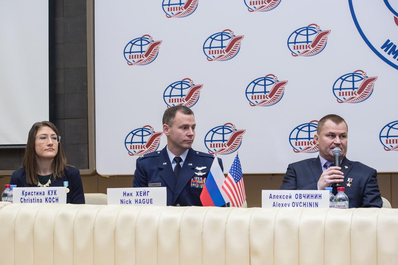 At the Gagarin Cosmonaut Training Center in Star City, Russia, Expedition 59 crewmember Alexey Ovchinin of Roscosmos (right) responds to a reporterâ€™s question Feb. 21 during a pre-launch news conference as crewmates Christina Koch of NASA (left) and Nick Hague of NASA (center) look on. They will launch March 14, U.S. time, on the Soyuz MS-12 spacecraft from the Baikonur Cosmodrome in Kazakhstan for a six-and-a-half month mission on the International Space Station.  Andrey Shelepin/Gagarin Cosmonaut Training Center 