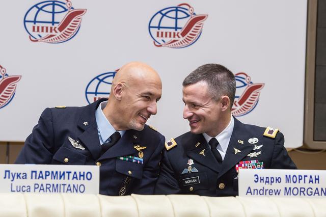 NASA image: jsc2019e004421 - At the Gagarin Cosmonaut Training Center in Star City, Russia, Expedition 59 backup crewmembers Luca Parmitano of the European Space Agency (left) and Drew Morgan of NASA (right) exchange thoughts Feb. 21 during a pre-launch news conferen