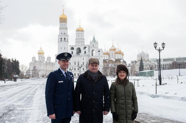 NASA image: jsc2019e004437 - Inside the Kremlin in Moscow, Expedition 59 crewmembers Nick Hague of NASA (left), Alexey Ovchinin of Roscosmos (center) and Christina Koch of NASA (right) pose for pictures on a wintry day Feb. 21 as part of their pre-launch activities. 