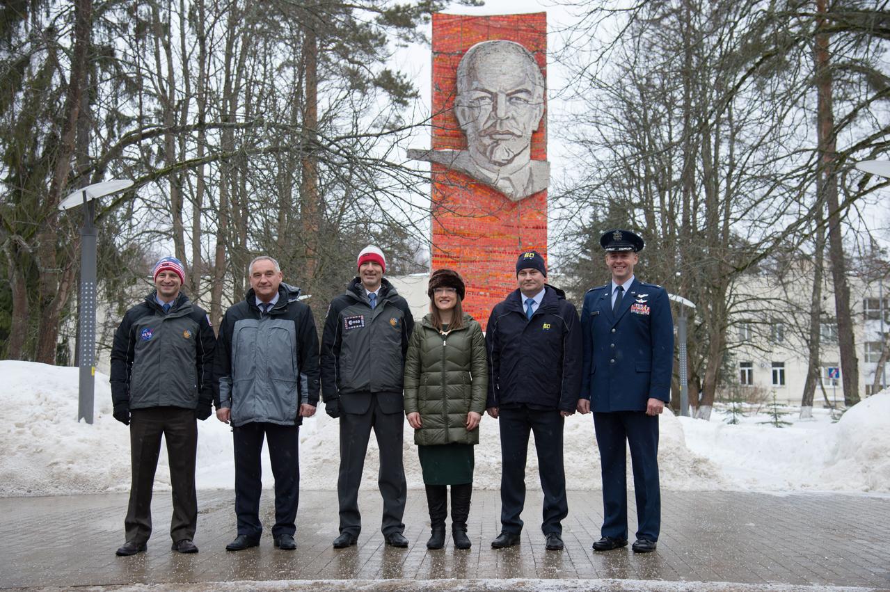 At the Gagarin Cosmonaut Training Center in Star City, Russia, the Expedition 59 prime and backup crewmembers pose for pictures Feb. 26 in front of the statue of Vladimir Lenin as they prepared to depart for their launch site at the Baikonur Cosmodrome in Kazakhstan for final pre-launch training. From left to right are the backup crew, Drew Morgan of NASA, Alexander Skvortsov of Roscosmos and Luca Parmitano of the European Space Agency, and the prime crew, Christina Koch of NASA, Alexey Ovchinin of Roscosmos and Nick Hague of NASA, who will launch on March 14, U.S. time, on the Soyuz MS-12 spacecraft from the Baikonur Cosmodrome in Kazakhstan for a six-and-a-half month mission on the International Space Station.  NASA/Beth Weissinger 