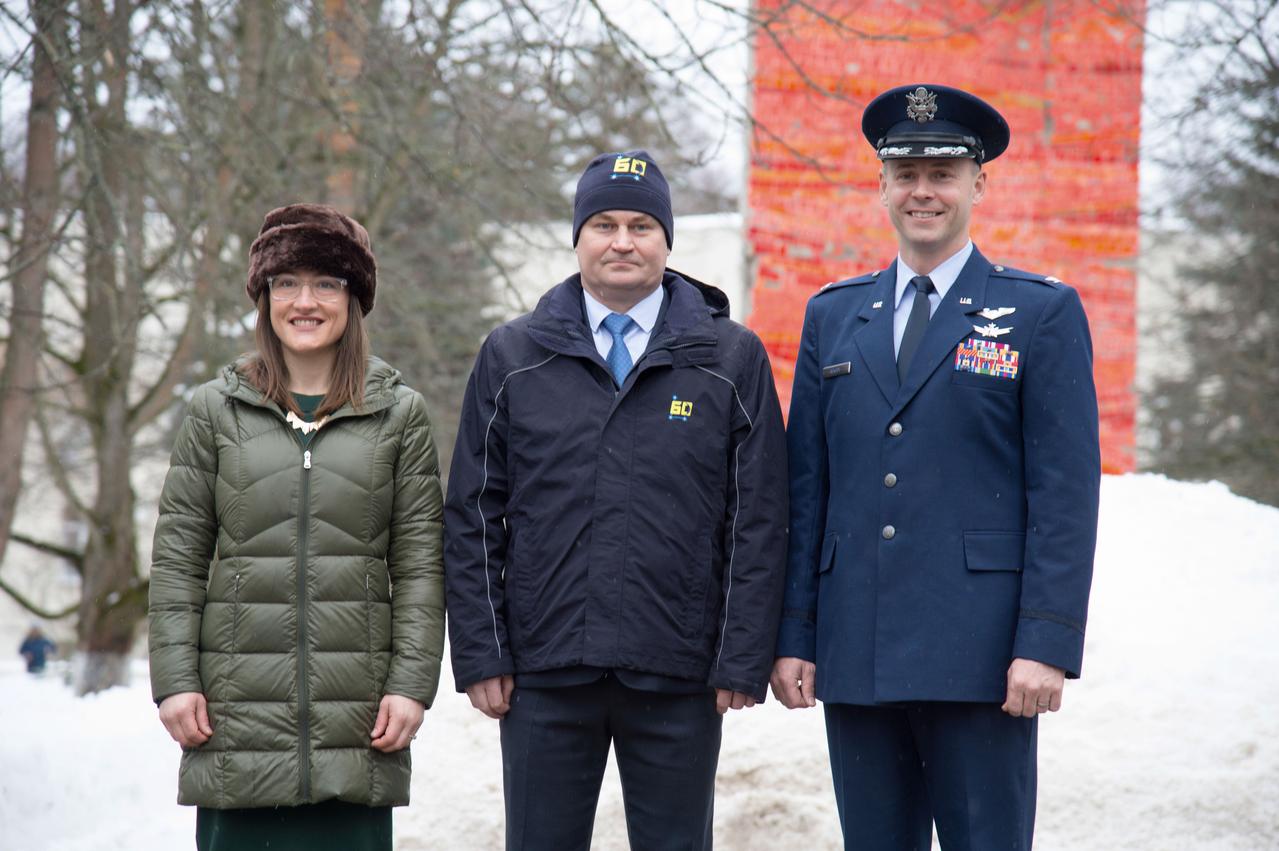 At the Gagarin Cosmonaut Training Center in Star City, Russia, Expedition 59 crewmembers Christina Koch of NASA (left), Alexey Ovchinin of Roscosmos (center) and Nick Hague of NASA (right) pose for pictures Feb. 26 as they prepared to depart for their launch site at the Baikonur Cosmodrome in Kazakhstan for final pre-launch training. They will launch on March 14, U.S. time, on the Soyuz MS-12 spacecraft from the Baikonur Cosmodrome in Kazakhstan for a six-and-a-half month mission on the International Space Station.  NASA/Beth Weissinger 